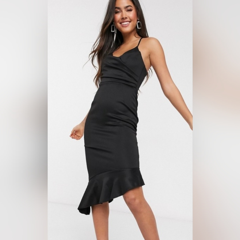 Asos design Scuba cami pephem asymmetrical and flared midi black dress. Size 6